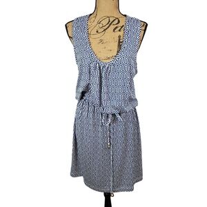 MUD PIE Size Large Blue & White Geometric Racerback Belted Summer Beach Dress